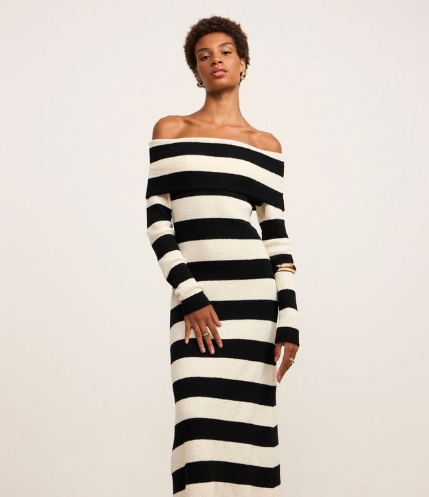 Vestido Midi de Punto Rayadp con Escote Hombro a Hombro 2