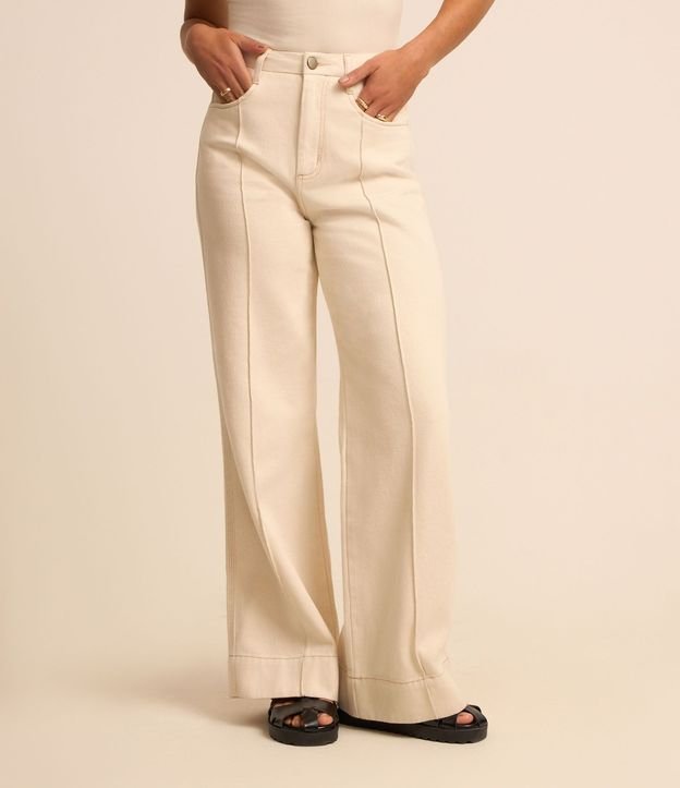 Pantalón Wide Leg en Sarga con Friso Delantero