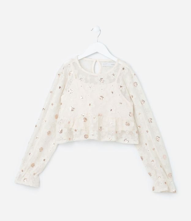 Blusa Corta Infantil en Tul con Bordado de Lentejuelas - Talle 5 a 14 años
