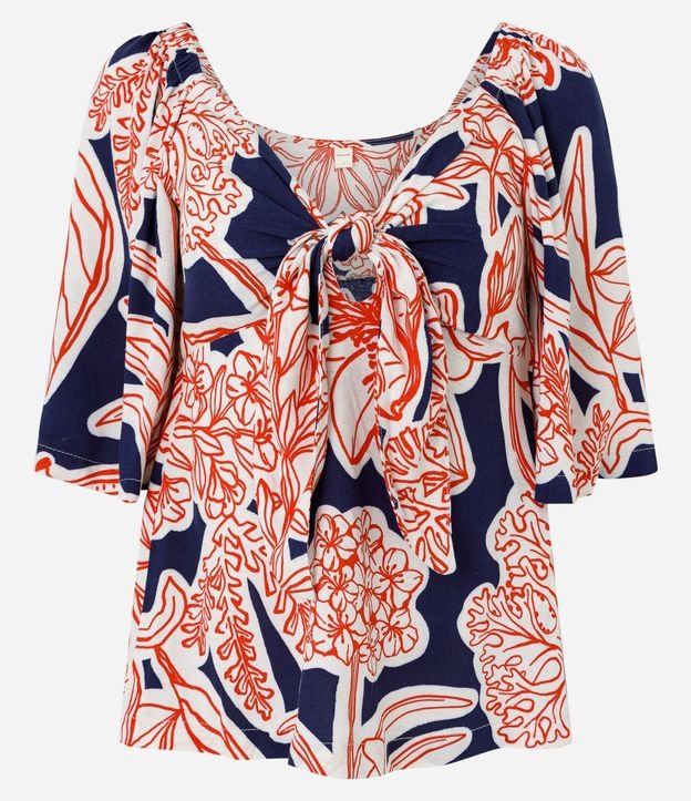 Blusa en Viscolino con Nudo y Follajes Estampadas