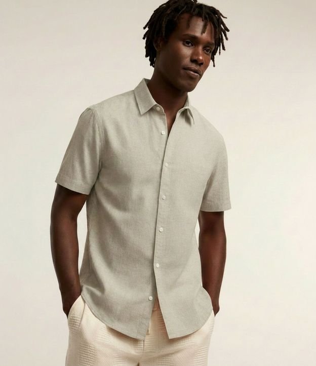 Camisa Comfort Básica en Lino con Bolsillo Delantero