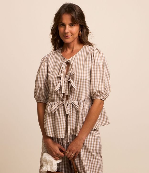Blusa en Tricolina de Cuadros Vichy con Manga Abullonada 4