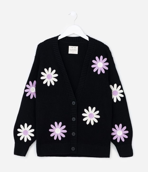 Cardigan Infantil en Punto con Bordado de Flores - Talle 5 a 14 años