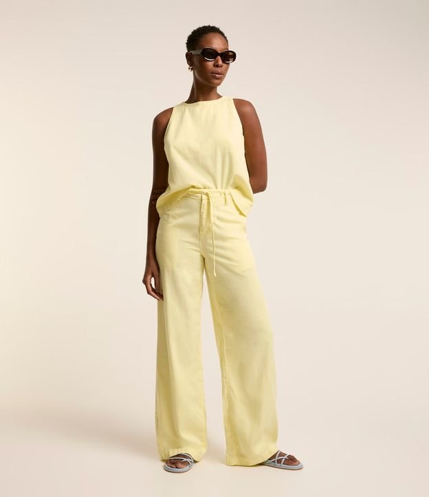 Pantalón Wide Leg en Sarga con Cordón en la Cintura