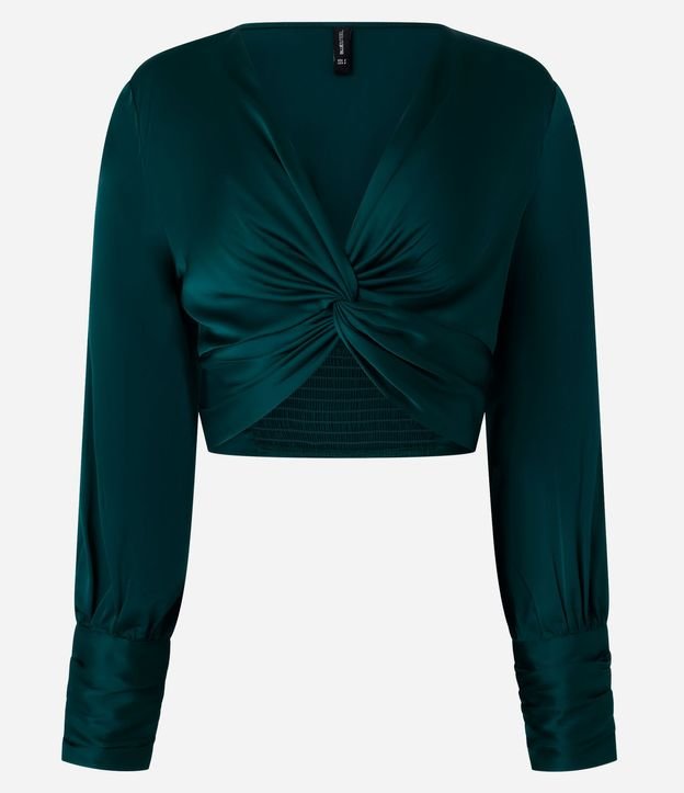 Blusa Cropped Satinada con Nudo Delantero y Puños Drapeados 4