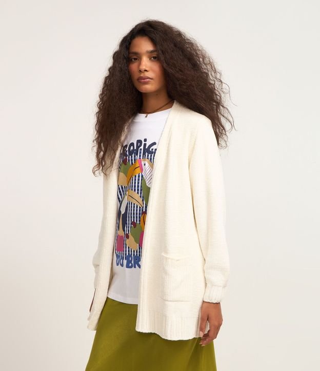 Cardigan Alargado en Chenille Canalé con Bolsillos Delanteros
