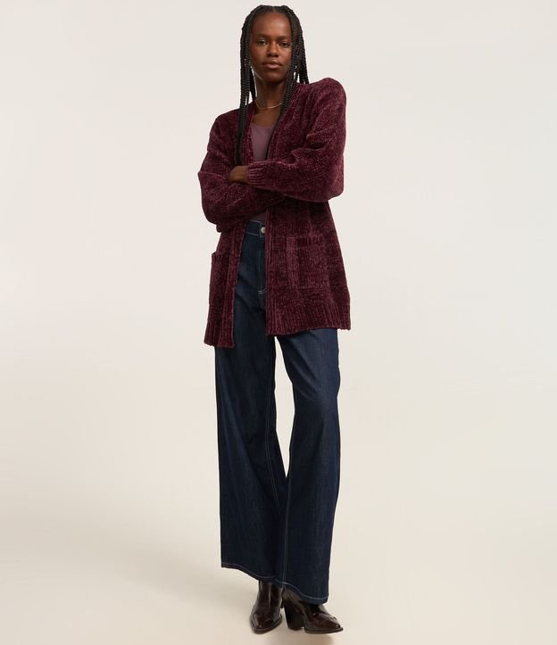 Cardigan Alargado en Chenille Canalé con Bolsillos Delanteros 2