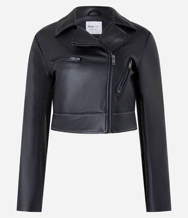 Campera Biker Cropped en PU con Cremallera y Pespontos