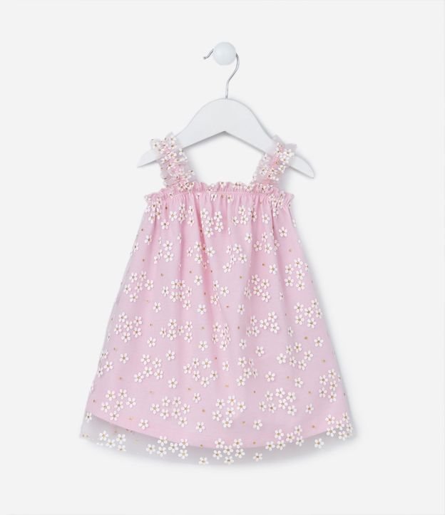 Vestido Infantil en Tule con Estampa de Flores con Purpurina - Talle 0 a 18 meses