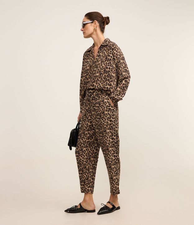 Pantalón Pijama Tiro Alto en Crepé Estampa Animal Print Leopardo