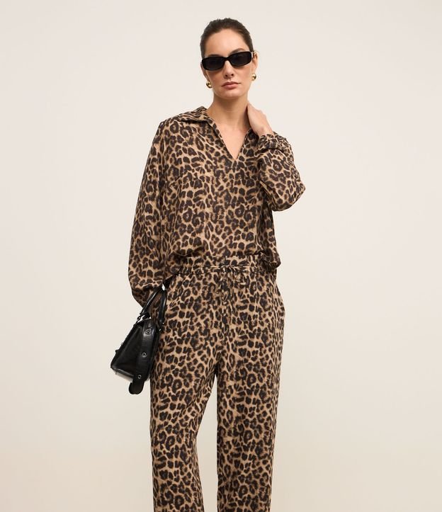 Pantalón Pijama Tiro Alto en Crepé Estampa Animal Print Leopardo 3