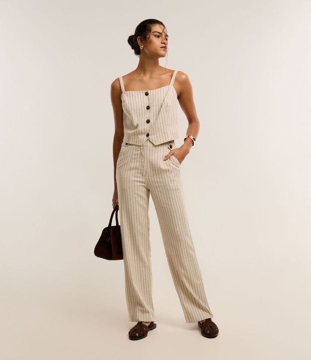 Pantalón Femenino Recto de Cintura Alta en Viscosa Twill con Lino
