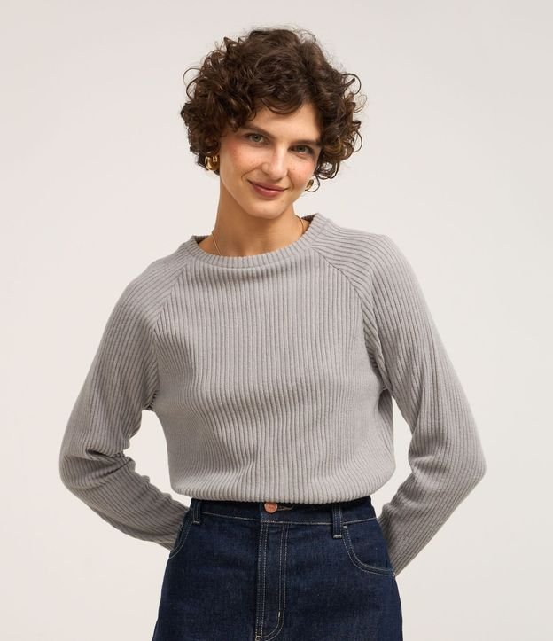 Blusa Slim Acanalada Felpuda con Sisa Raglán