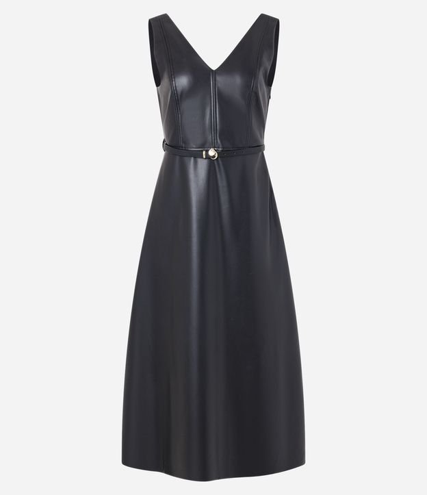 Vestido Evasê Midi en PU con Escote V y Cinturón Fino 6