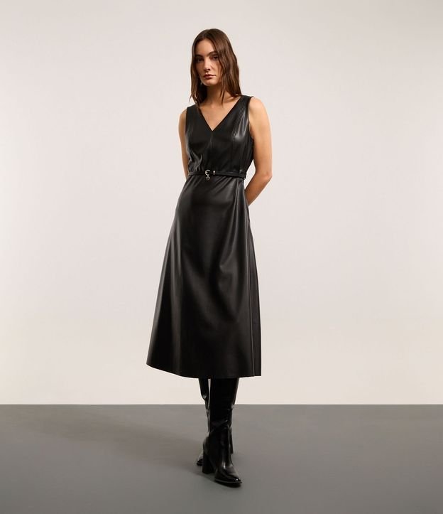 Vestido Evasê Midi en PU con Escote V y Cinturón Fino