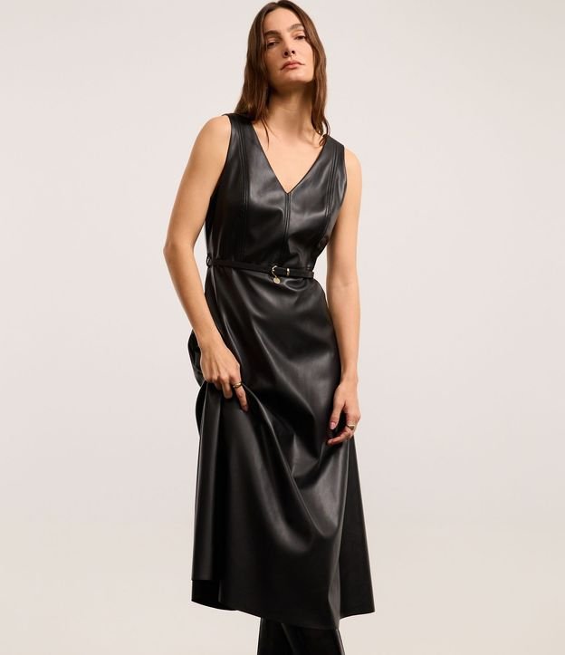 Vestido Evasê Midi en PU con Escote V y Cinturón Fino 2