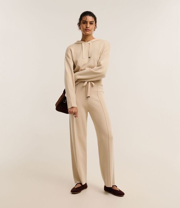 Pantalón Wide Leg en Punto con Cintura de Rib y Frisos