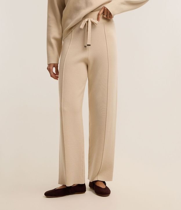 Pantalón Wide Leg en Punto con Cintura de Rib y Frisos 3