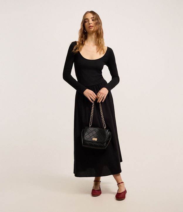 Vestido Largo Midi en Rib y Tricolina con Escote U