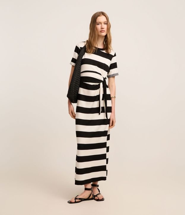 Vestido Midi en Viscosa con Estampa de Rayas y Lazo Lateral