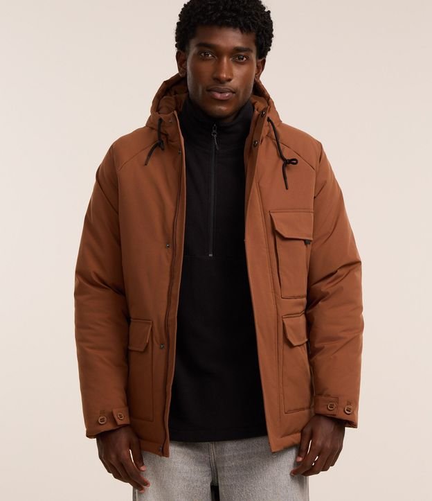 Campera Parka en Poliamida con Capucha y Bolsillos de Solapa