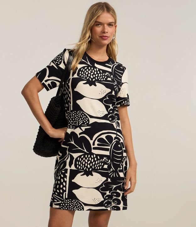 Vestido T-Shirt Corto Recto en Viscosa Estampada de Frutas