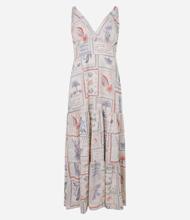Vestido Evasê Midi en Lino y Viscosa con Estampa Tarjeta Postal