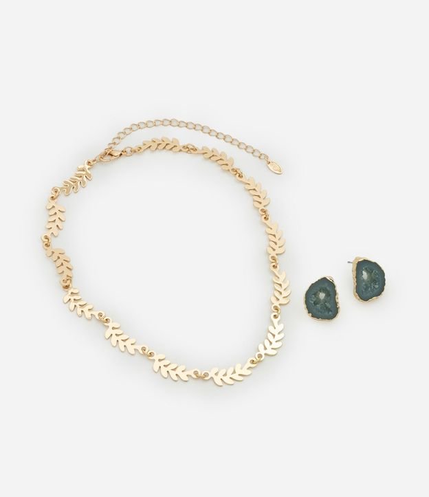 Conjunto de Collar Follaje y Caravana con Piedra Lascada 3
