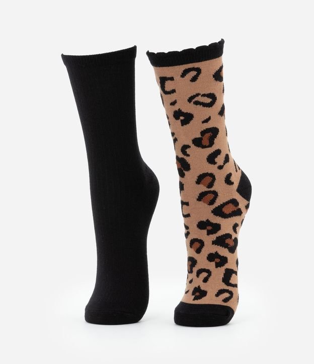 Kit 02 Medias Caña Larga en Poliamida con Estampa Animal Print leopardo