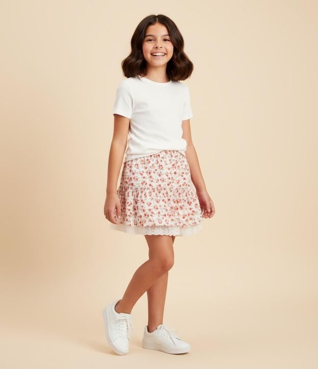 Pollera Infantil con Encaje y Estampa Floral - Talle 5 a 14 años