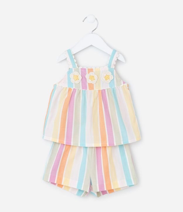 Conjunto Infantil de Rayas con Aplicaciones de Ganchillo en la Blusa  - Talle 1 a 5 años