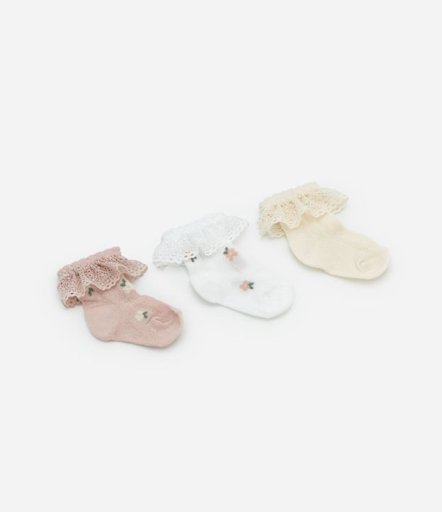 Kit 03 Medias Infantiles con Volado en Encaje - Tam  RN a 12 meses