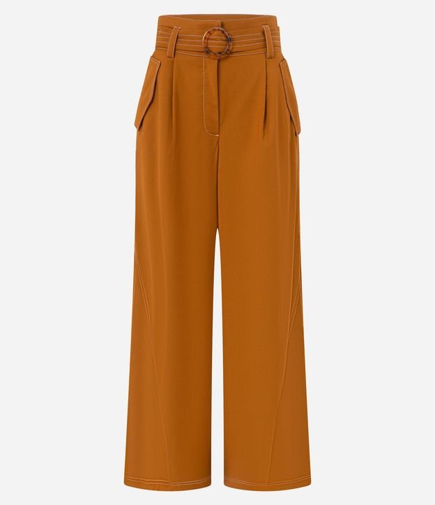 Pantalón Pantalona en Sarga con Pespontos Contrastantes Cinturón y Hebilla 5