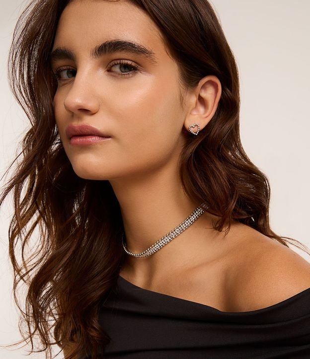 Conjunto de Collar Corto con Stras y Esferas y Caravana Cutout de Corazón 4