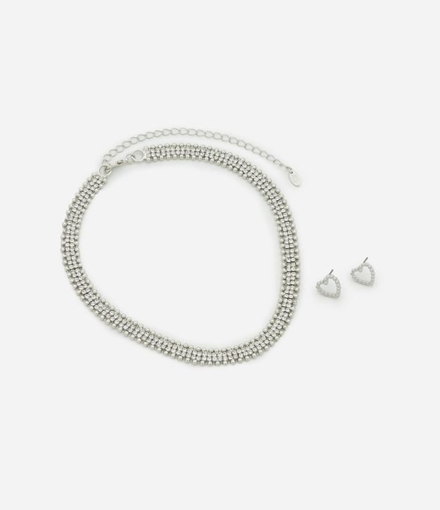 Conjunto de Collar Corto con Stras y Esferas y Caravana Cutout de Corazón 3
