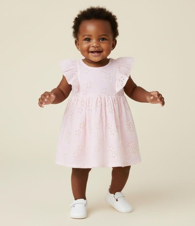 Vestido Infantil en Broderie con volados y Bombacha - Talle 3 a 18 Meses