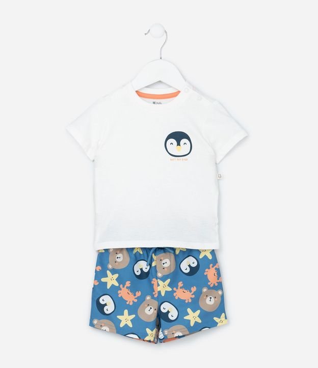 Conjunto Infantil en Microfibra con Estampa de Pinguino - Talle 0 a 18 Meses