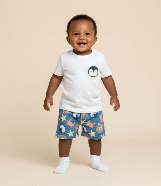 Conjunto Infantil en Microfibra con Estampa de Pinguino - Talle 0 a 18 Meses