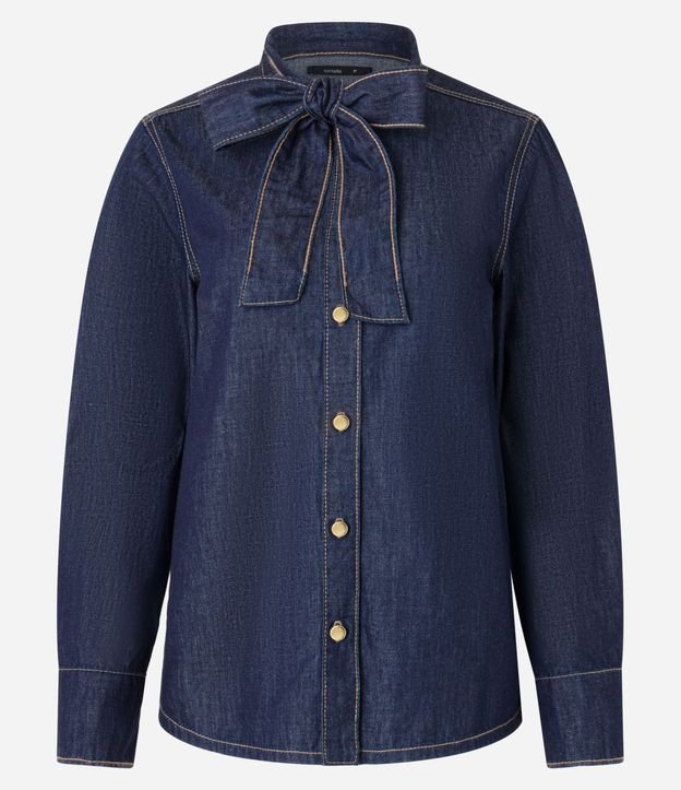 Camisa en Jeans con Lazo en el Cuello y Botones 6