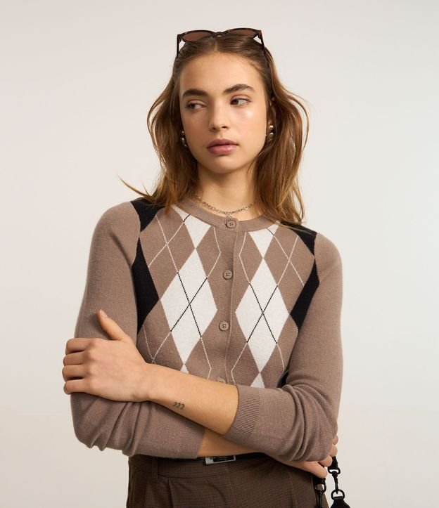Cardigan en Punto con Estampa de Cuadros