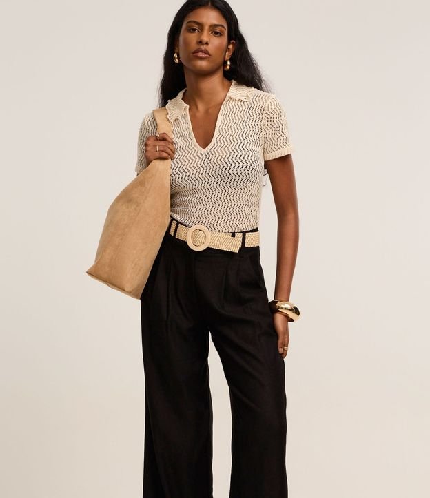 Pantalón Wide Leg en Viscolino con Cinturón de Ráfia 3