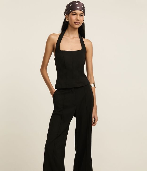Pantalón Wide Leg Cintura Alta en Crepé con Pliegues y Botón 2