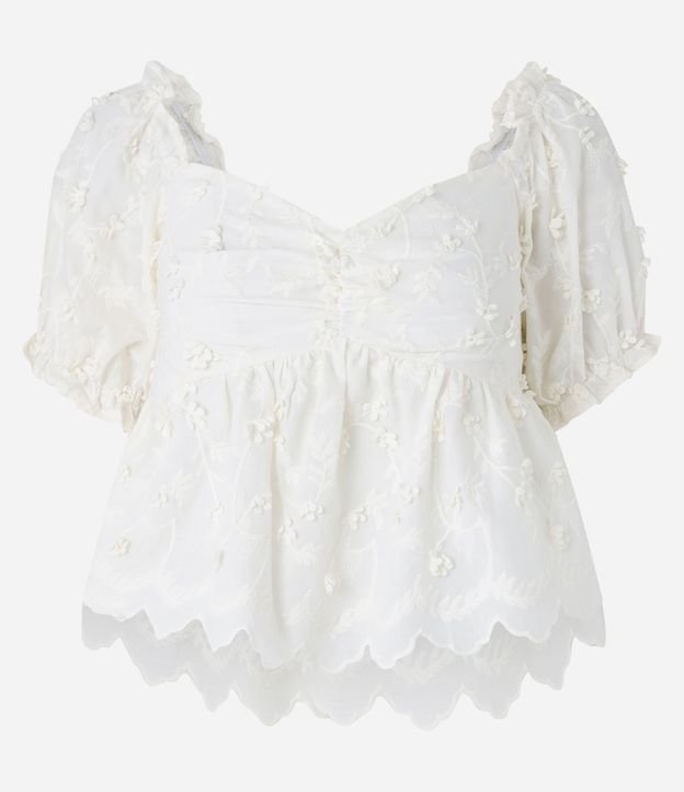 Blusa Peplum en Algodón con Bordado Floral y Manga Abullonada 5