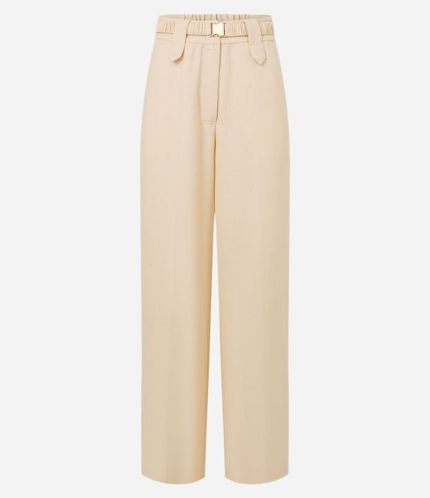 Pantalón Wide Leg Cintura Alta con Lino y Cinturón Elástico