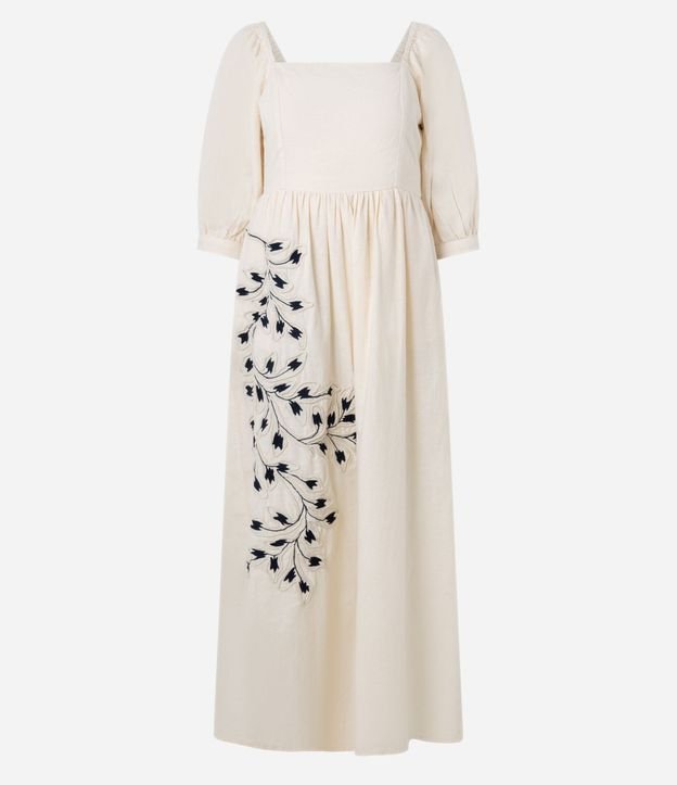 Vestido Evasê Midi en Algodón con Lino y Bordado follaje 5
