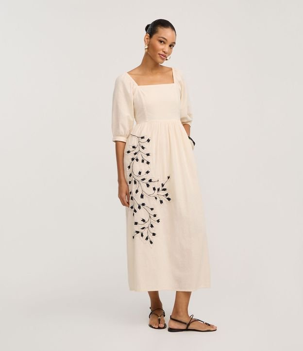 Vestido Evasê Midi en Algodón con Lino y Bordado follaje