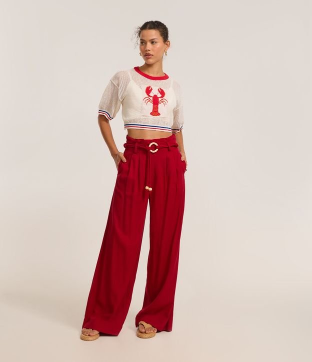 Pantalón Pantalona en Viscolino con Cinturón de Cordas con Hebilla de Adornos