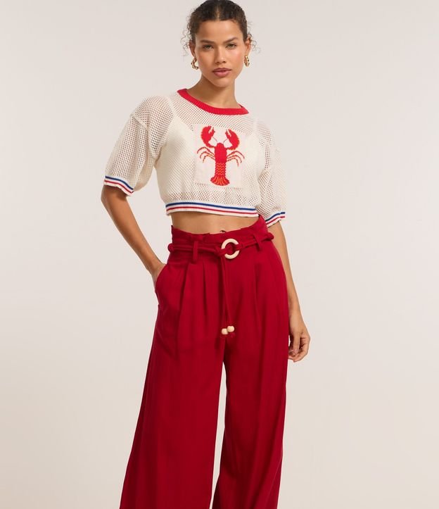 Pantalón Pantalona en Viscolino con Cinturón de Cordas con Hebilla de Adornos 2