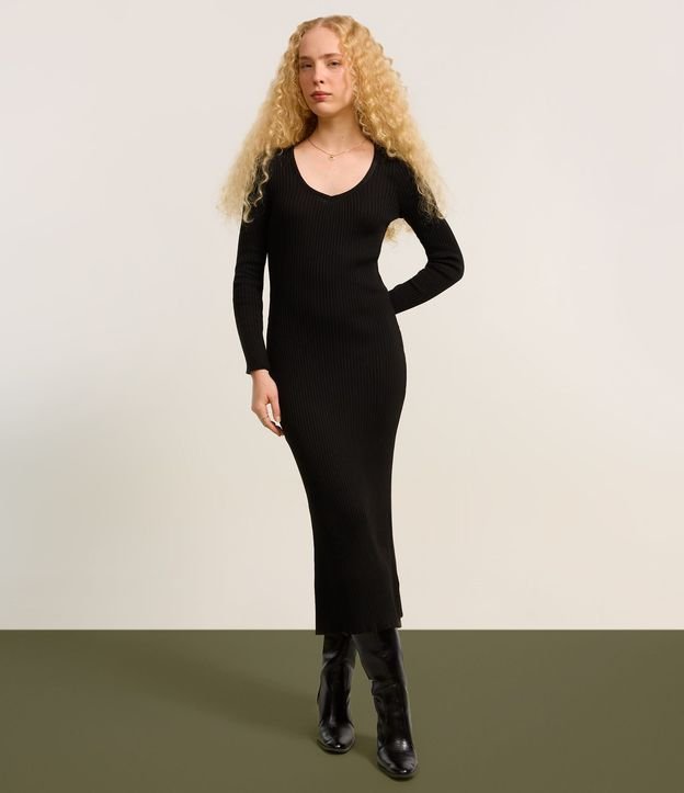 Vestido Long Midi en Punto con Textura y Fenda 4