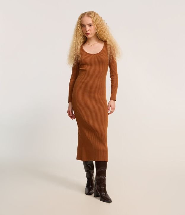 Vestido Long Midi en Punto con Textura y Fenda